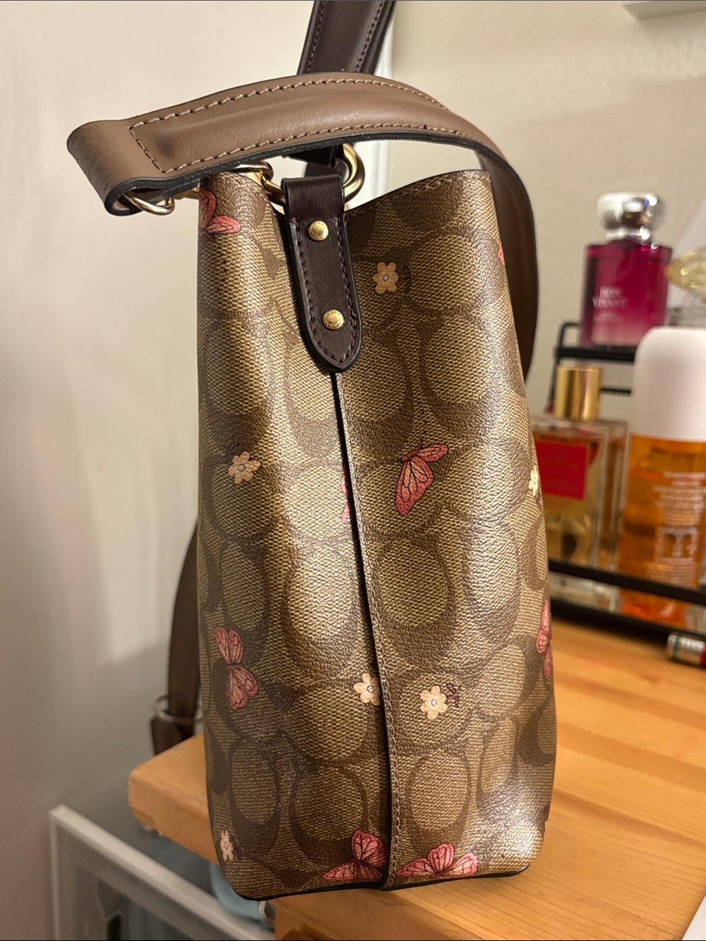 COACH Brown Signature Butterfly Bucket Bag - Picture 7 of 17